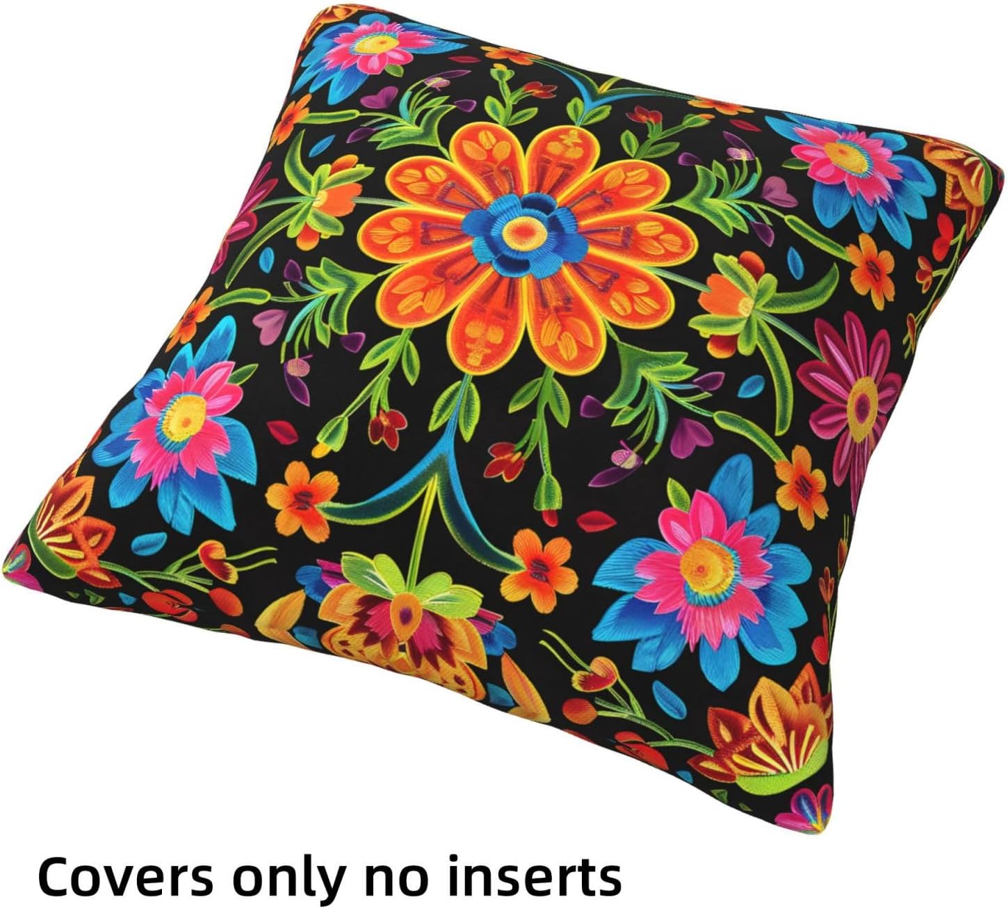 HOSTECCO Mexican Ethnic Throw Pillow Covers 18x18 inch Set of 4 Floral Print Pillow Cases Colorful Flowers Decorative Cushion Covers for Sofa Couch