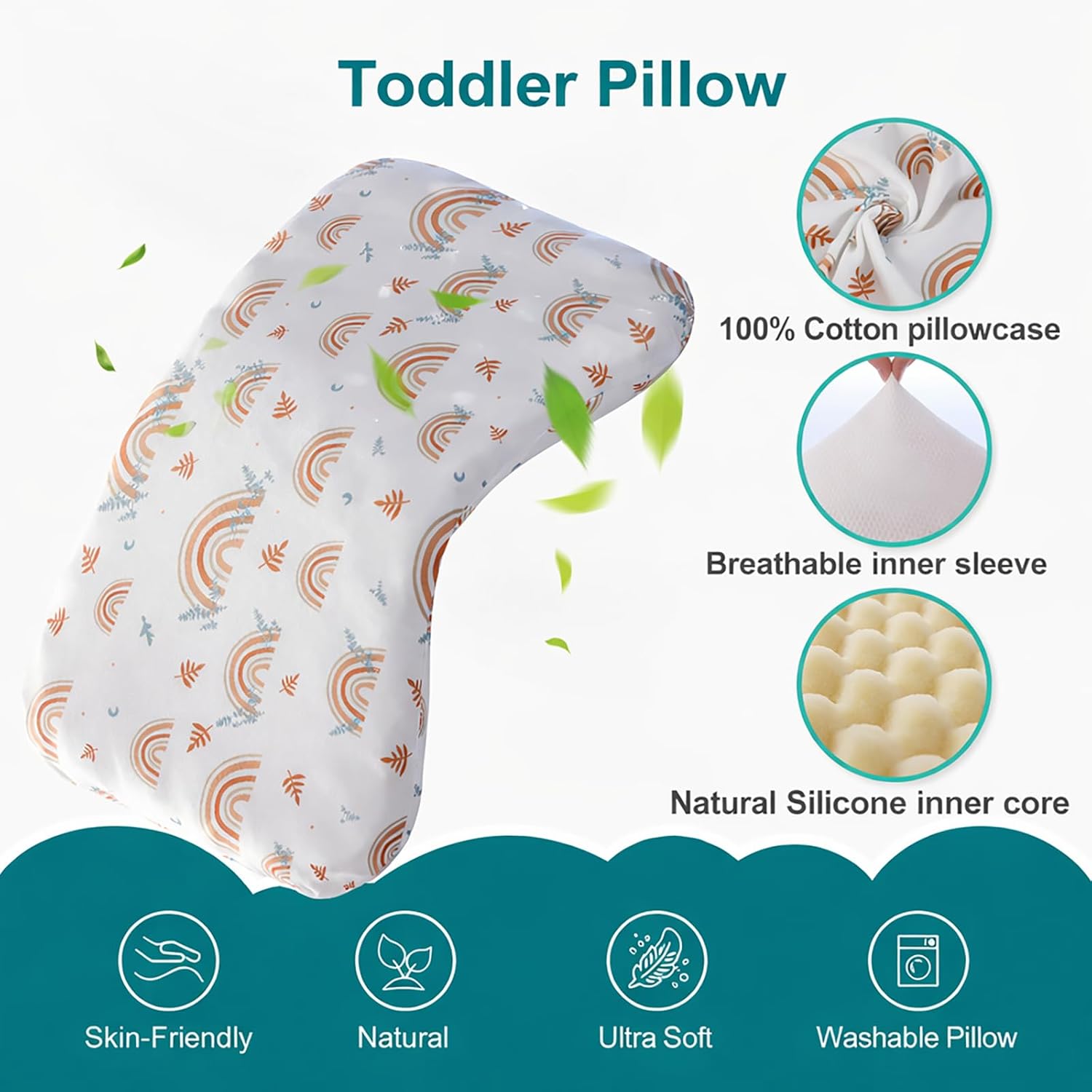 willai Toddler Pillow with Removable Pillowcase, 21X12inch Silicone Breathable Kid Pillow, Machine Washable Toddler Pillow, Small Children Pillow for Boys and Girls Ages 8-12 Years (Rainbow)
