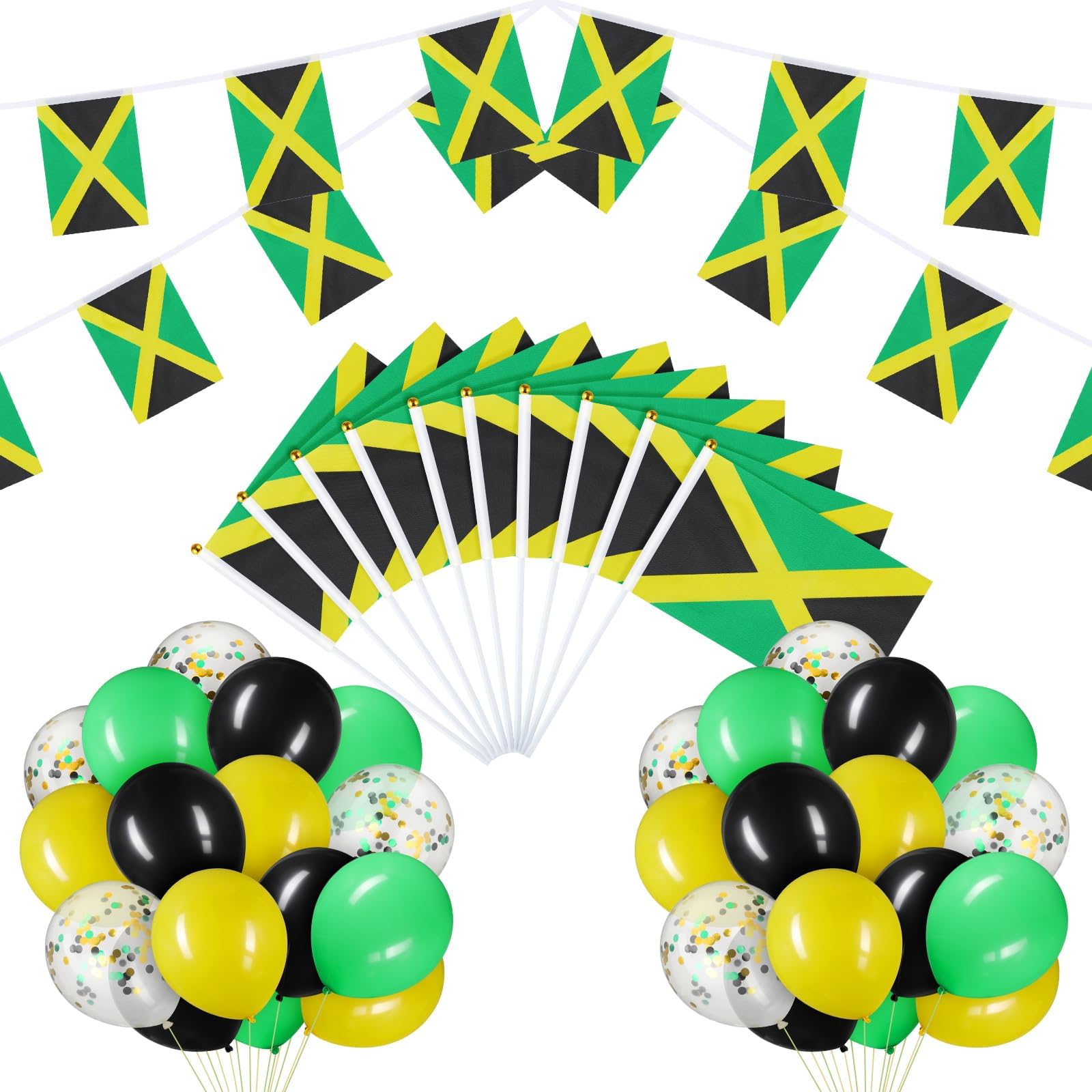 Lenwen 56 Pcs Jamaica Party Decorations Set 2 Jamaican String Flag Banner 10 Hand Held Small Jamaica Flag 40 Black Yellow Green Confetti Latex Balloons 4 Ribbons for Festival Events