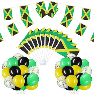 Lenwen 56 Pcs Jamaica Party Decorations Set 2 Jamaican String Flag Banner 10 Hand Held Small Jamaica Flag 40 Black Yellow Green Confetti Latex Balloons 4 Ribbons for Festival Events