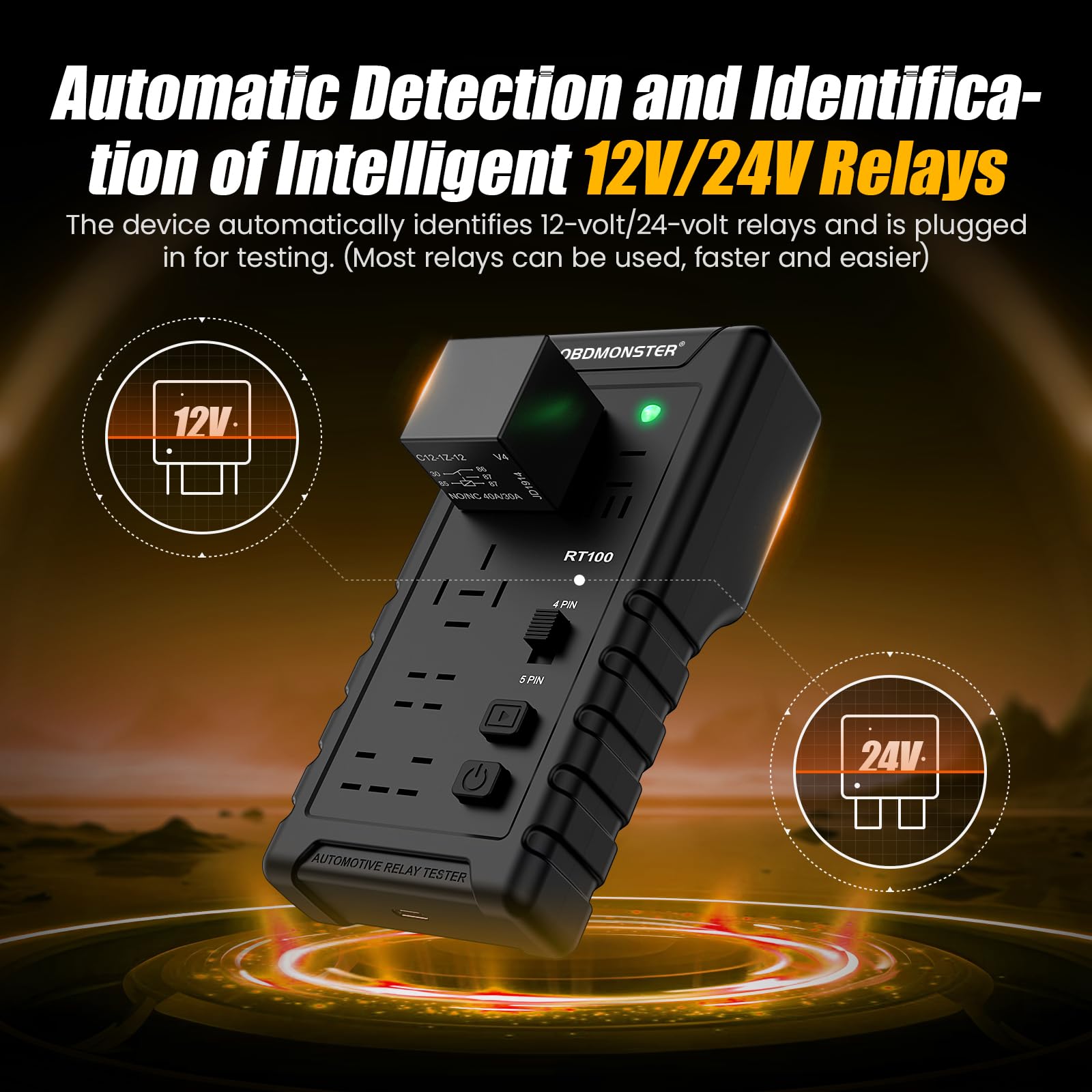 Tester relè per auto 12 V/24 V, strumento di ispezione e diagnostica wireless a 4 pin, 5 pin, adatto per tester di relè con 5 diverse posizioni di piedi, per ruote dei motori marini