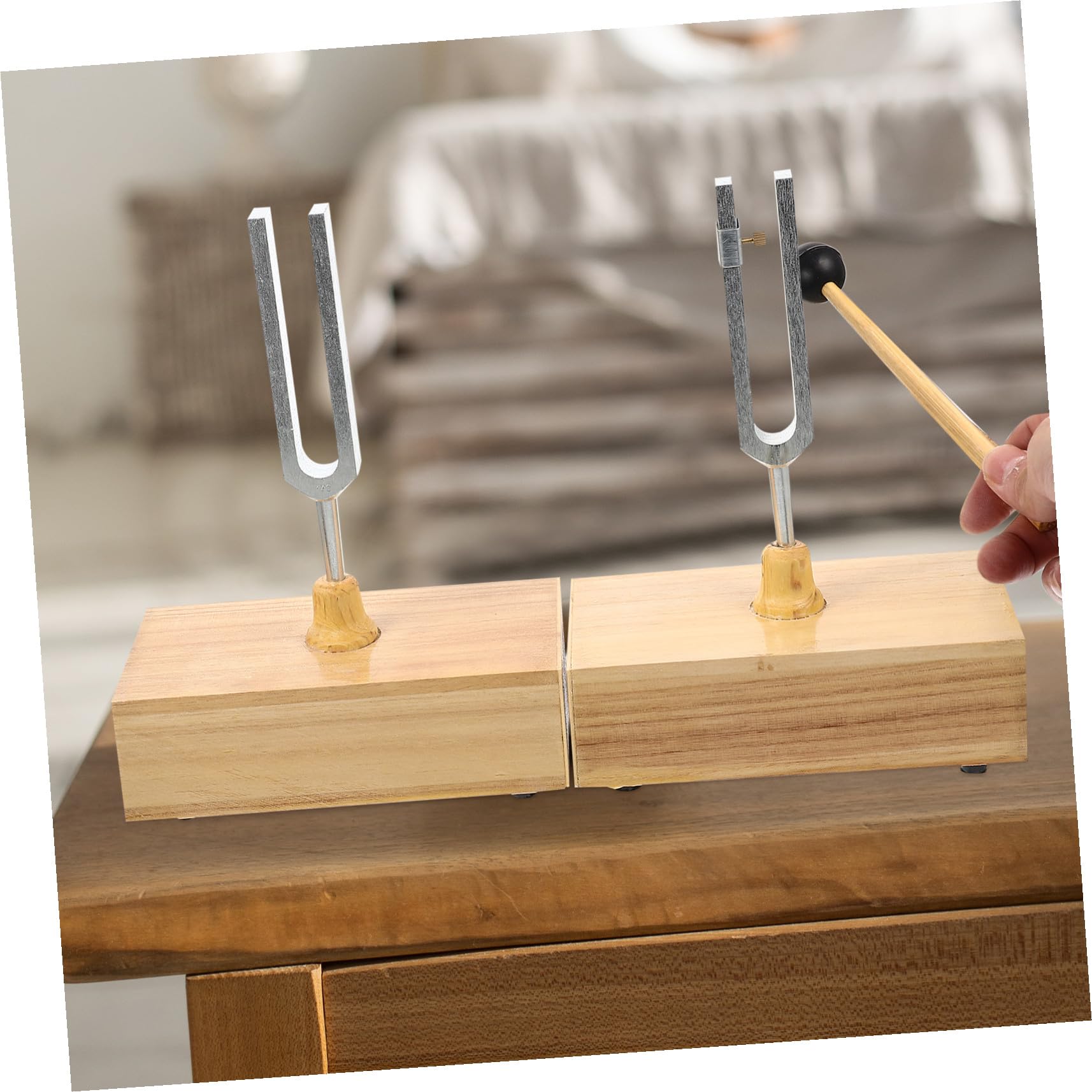 Mobestech Experimenteller Stimmgabelsatz 440hz aus Metall mit Holzsockel und Hammer für Physikalische Akustikexperimente und Stabile Platzierung