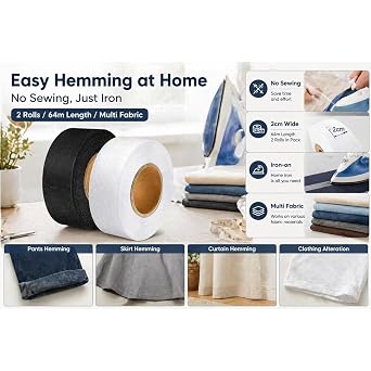 2 Pack Wonder Web Hemming Tape, 64 Meters Iron-On No-Sew Fabric Fusing Tape, 2cm Wide Fusible Hem Tape for Trousers, Curtains, Clothes, Alterations, Repair and Splicing