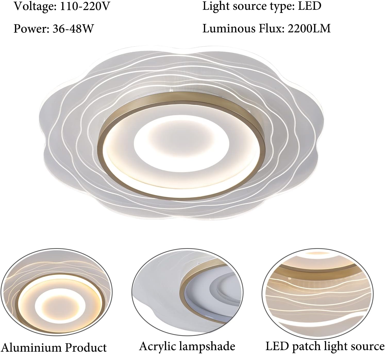 Diagram showing the components of the Gdrasuya10 Wave Round Dimmable LED Ceiling Light: Aluminium Product, Acrylic lampshade, LED patch light source.