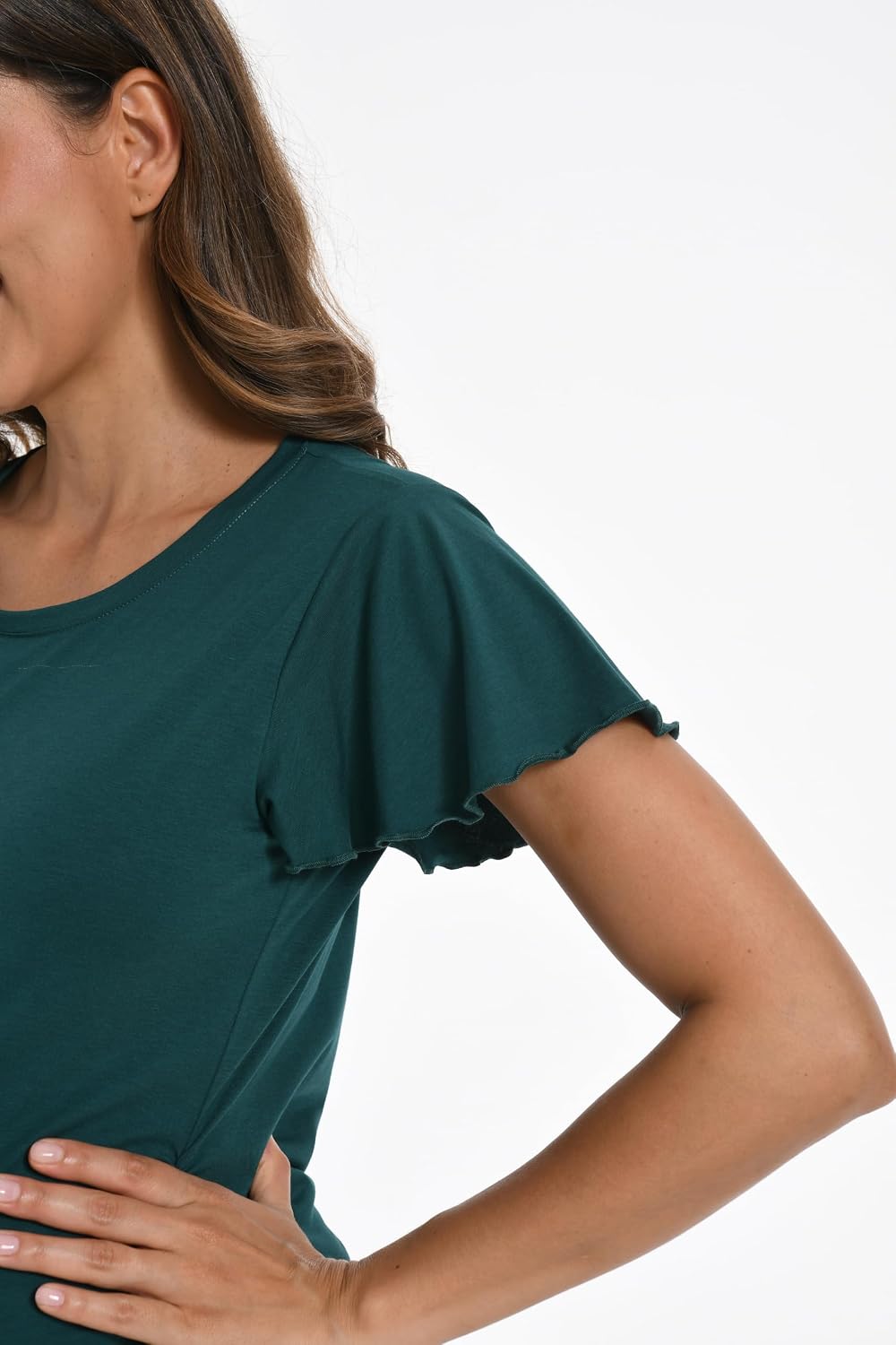 Maternity Shirts 3-Pack Short Ruffle Sleeve Side Ruched Cotton Viscose from Bamboo Pregnancy Crew Neck Tees Tunic