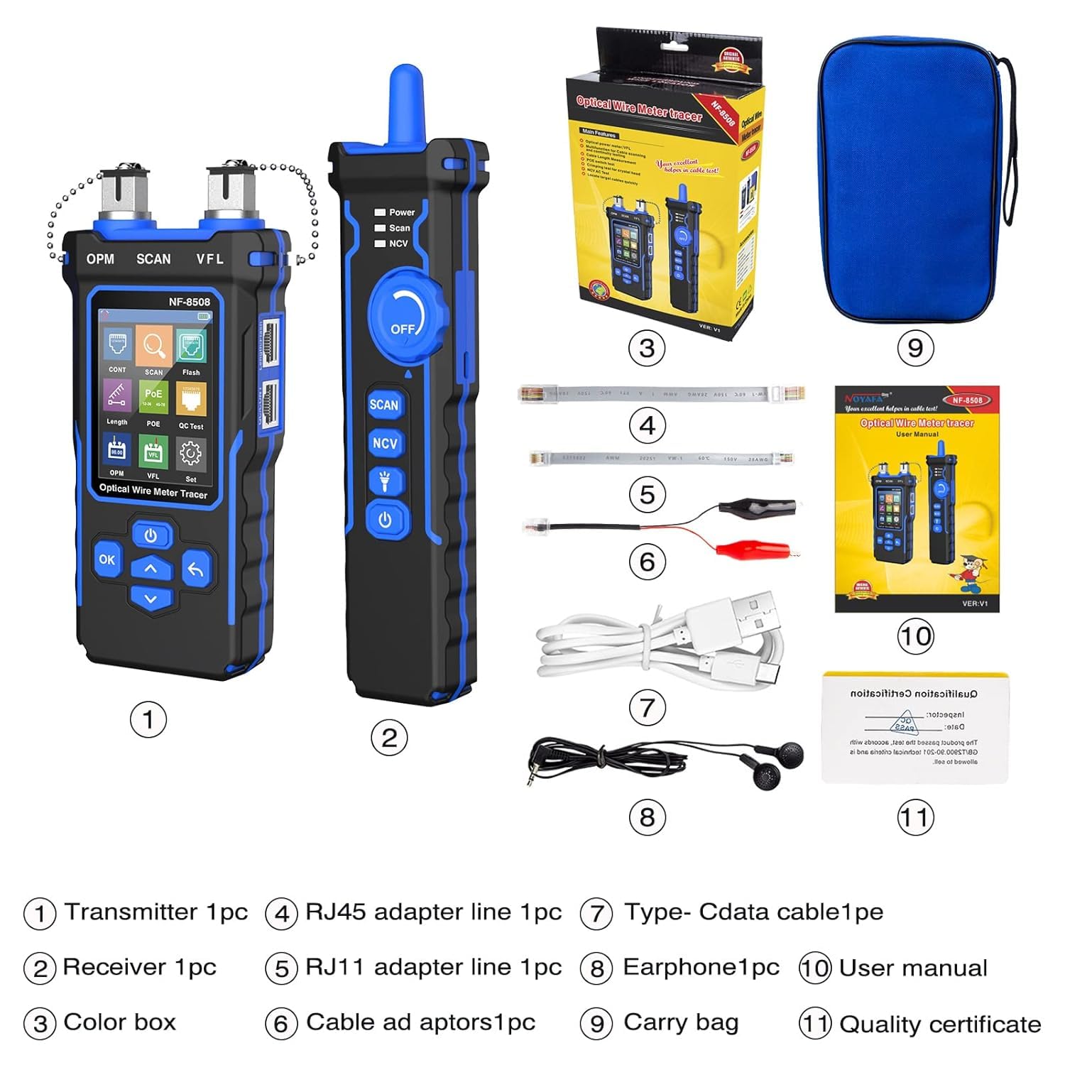 Tester per cavo di rete con 7 lunghezze d'onda ottica, tester Ethernet CAT5 CAT6 con localizzatore visivo di difetti da 10 mW, batteria al litio RJ11 RJ45, tracciatore di fili PoE con NCV e