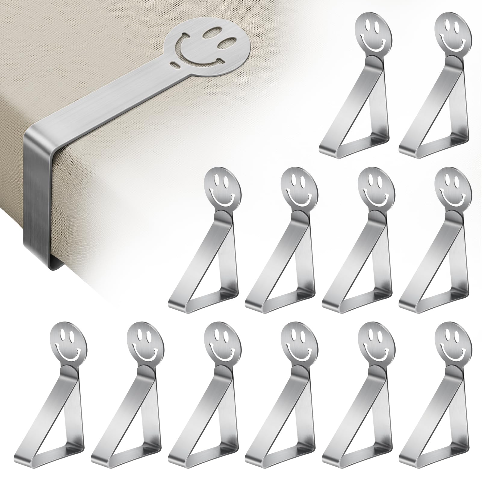 GlasFlength Sujeta Manteles de Mesa Ajustable, 12 Piezas Pinzas para Mantel de Exterior Acero Inoxidable Pinzas Mantel Exterior Pinzas Sujeta Manteles para Jardín Cocina Oficina Boda Fiesta (Smile)