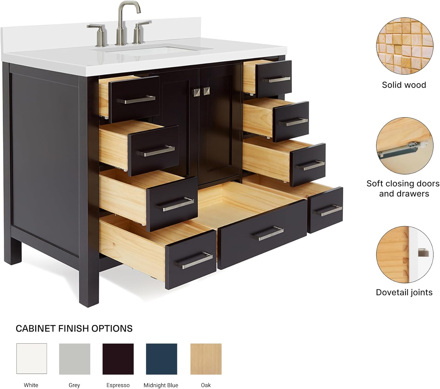 ARIEL Cambridge 42-inch Bathroom Vanity with Sink,Solid Wood, 1.5-inch Pure White Quartz Countertop, Single Rectangular Porcelain Sink, 2 Soft Closing Doors, 9 Dovetail Drawers, Espresso
