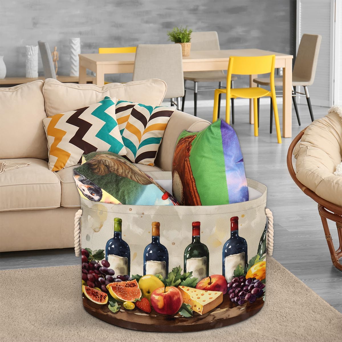 Large Round Laundry Basket Fruit Wine Watercolor Toy Bins Organizers and Storage for Girls Canvas Collapsible Blanket Storage Basket Laundry Hamper Gift Baskets Bedroom Clothes Children Nursery