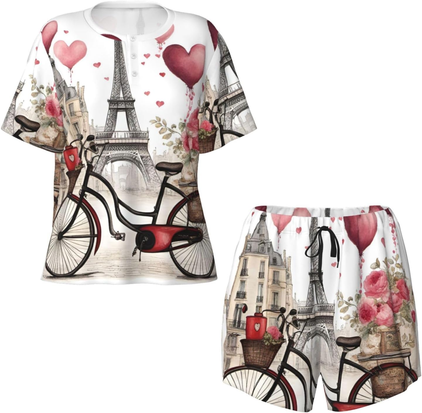 Women'S Love Paris Tower Coffee Wine Perfume Bicycle Heart Print Pajamas Set,Loungewear Sets With Cooling Fabric