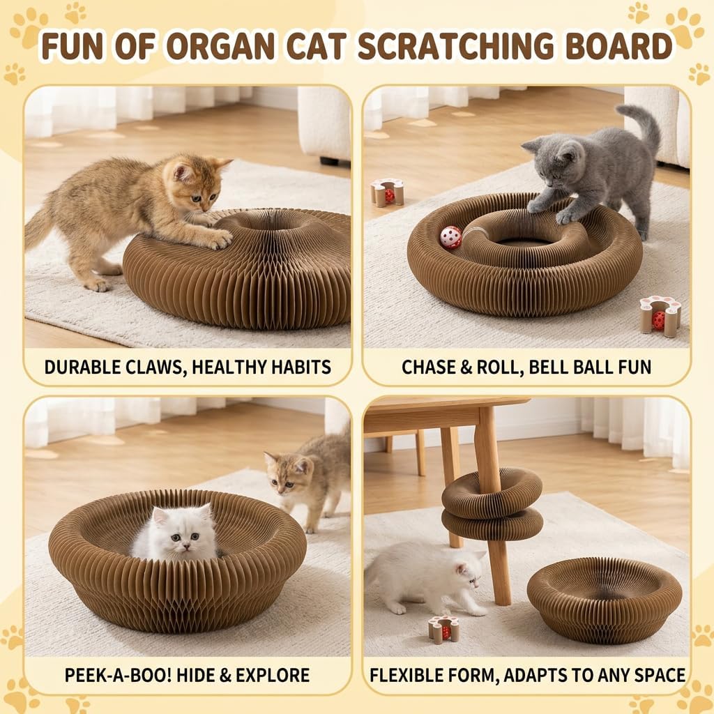 Kitlty Kurliz Cat Toy,Magic Organ Cat Scratcher Board,Foldable Recyclable Cat Accordion Toy,Interactive Scratch Pad with Toy Ball,Interactive Cat Toys for Indoor Cats Exercise & Anxiety Relief (2 PCS)