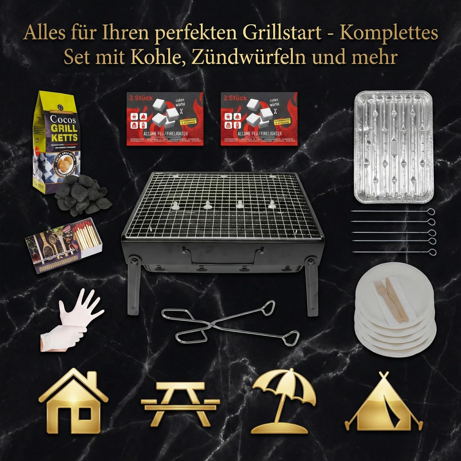 Set completo di barbecue da viaggio – Barbecue portatile a carbone con contenitore per la cenere, carboni di cocco, accendini, posate monouso e accessori – Set tutto-in-uno per giardino, balcone
