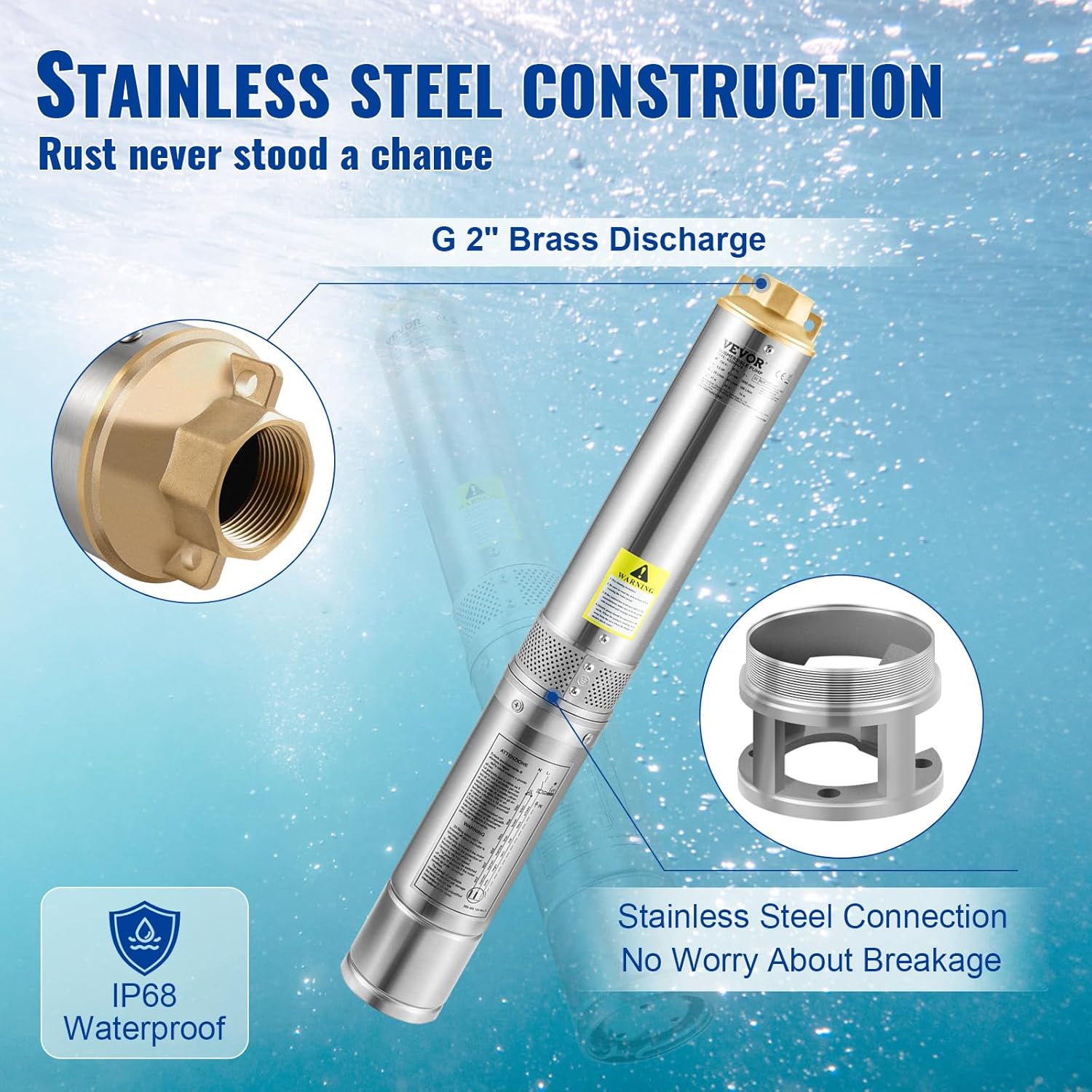 Close-up of the VEVOR submersible pump showing stainless steel construction, G2 inch brass discharge, and IP68 waterproof rating.