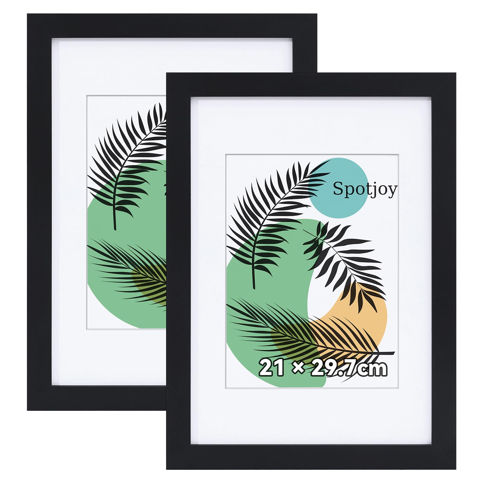 Spotjoy Bilderrahmen 2er Set 21x29.7 cm DIN A4 mit Passepartout | Holzrahmen Rahmen für Tisch- und Wandmontage Zertifikatsrahmen mit Acrylglas für Fotos, Poster, Porträts, Schwarz