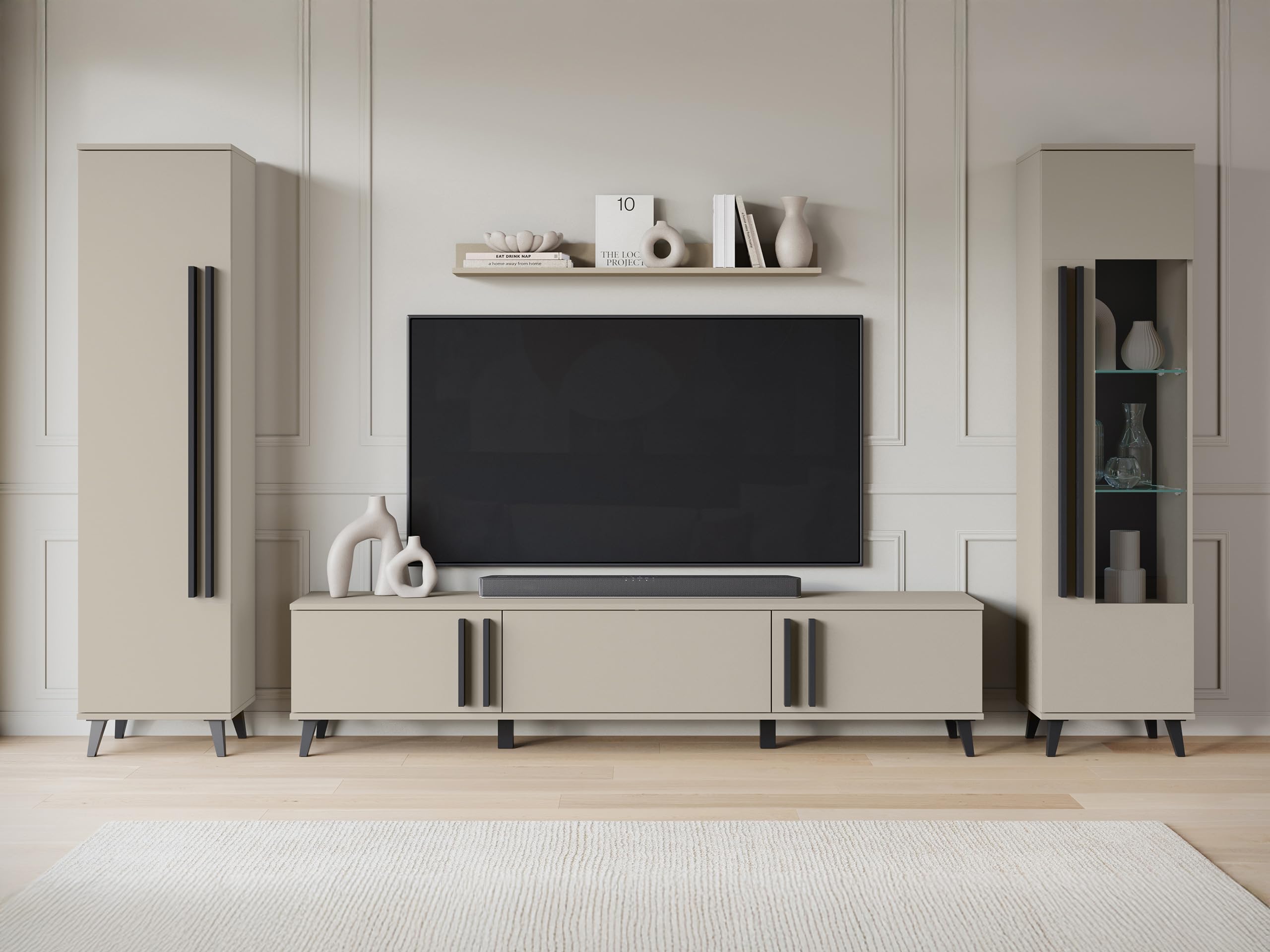 Mirjan24 Wohnzimmer-Set Hailea II, Wohnzimmerschrank, Schrankwand, im Set: Regal, Vitrine, Wandregal, TV-Lowboard (Congo/Schwarzer Graphit, ohne Beleuchtung)