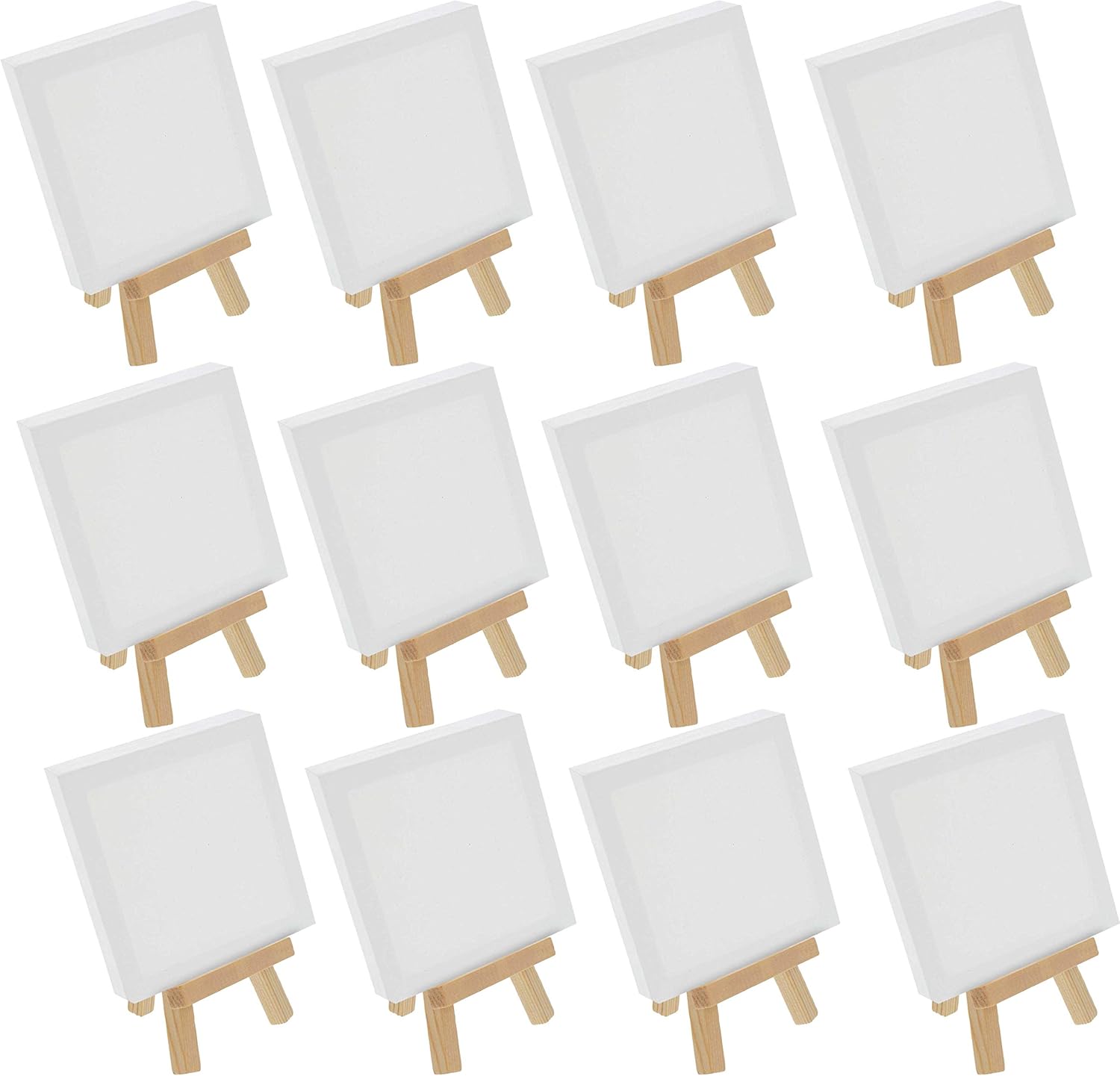 U.S. Art Supply 5" x 5" Stretched Canvas with 8" High Small Natural Wooden Easel (12 Pack), A-Frame Canvas Stand Tripod, Small Painting Easels - Tabletop Easel for Painting, Canvases, Student Crafts