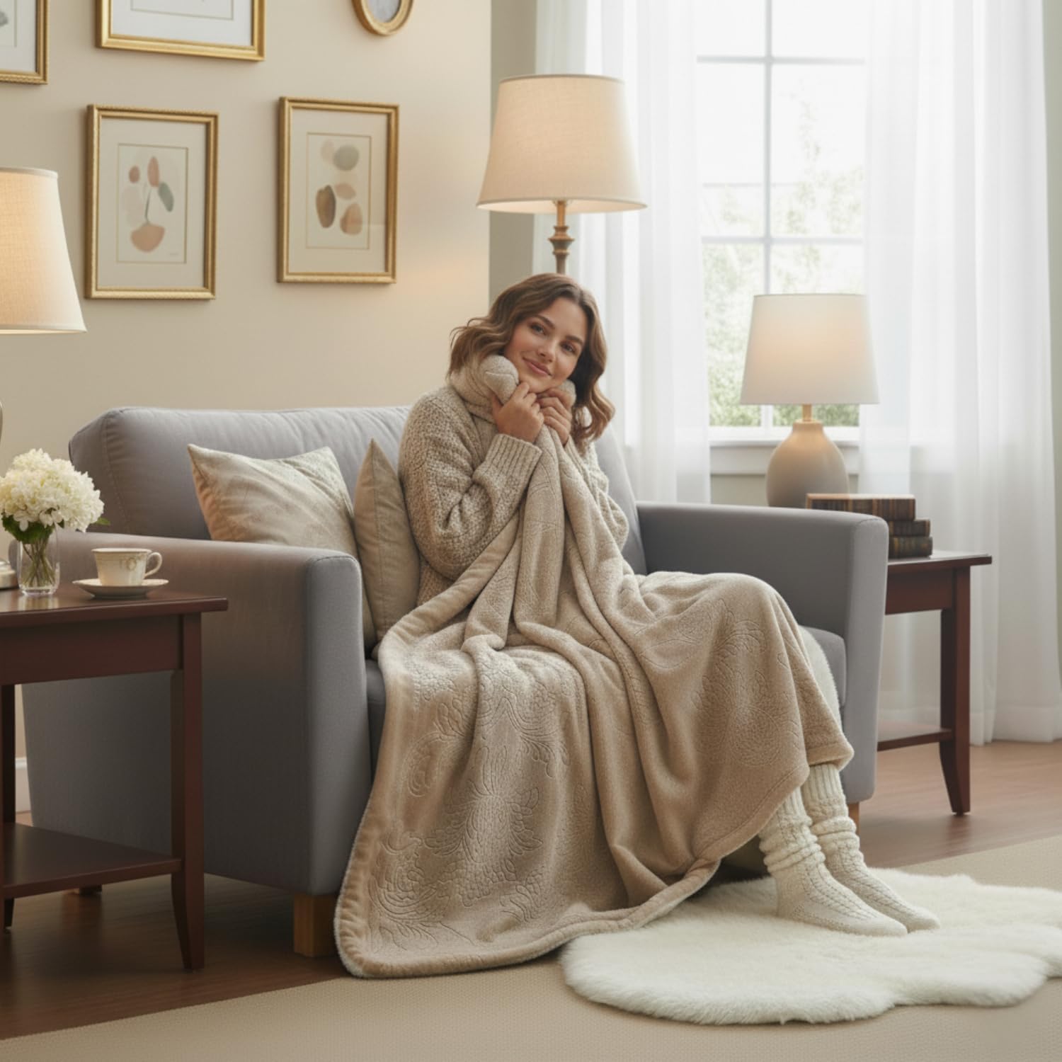 Tache Neutral Throw Blanket 63x87 Embossed Cuddly Fluffy Cozy Beige Super Soft Warm Plush Sherpa Bubbly Champagne Throw Blanket for Sofa Couch and Twin Size Bed