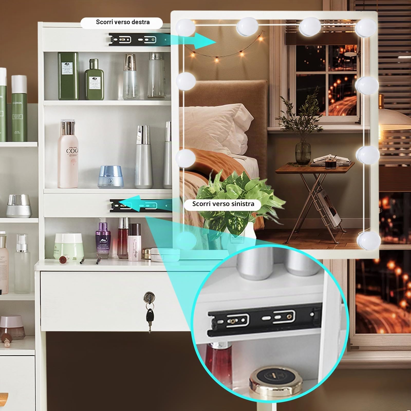 Toeletta da Trucco con Luci LED Hollywood, Tavolo da Trucco con Specchio e Sgabello, Tavolo da Trucco con 6 Cassetti e 6 Ripiani, Postazione Make-up Moderna 80x36x131cm