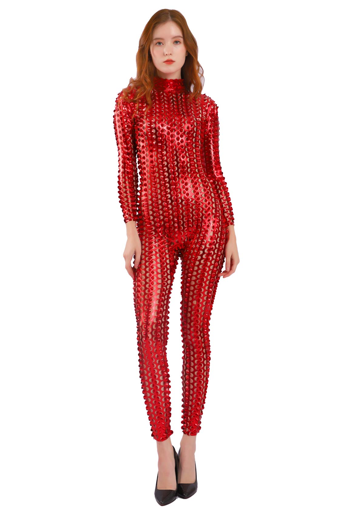 SeeksmileUnisex Hollow-Carved Shiny Dancewear Catsuit Bodysuit