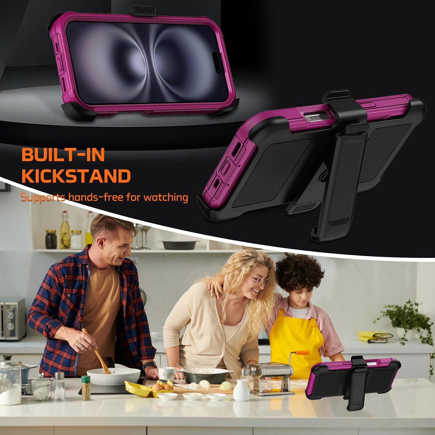 for iPhone 16 Plus Case with Belt Clip Holster,Anti-Drop Shockproof Bumper Phone Cases with 2X Screen Protectors & Kickstand,Rugged Heavy Duty Military Grade Protective Defender Cover (Burgundy) - Image 4