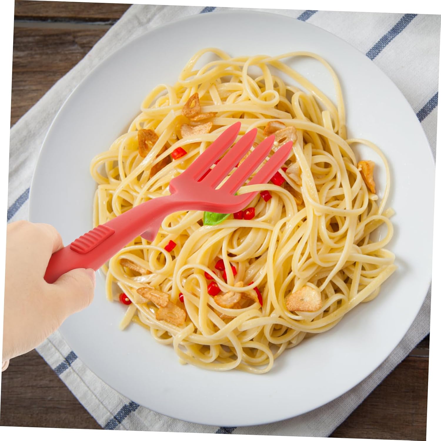 Ergonomic Silicone Pasta Server Fork for Kitchen Supplies Reusable Large Cooking Food Fork with Comfortable Non Slip Handle Washable Lightweight Utensil for Spaghetti and Stirring