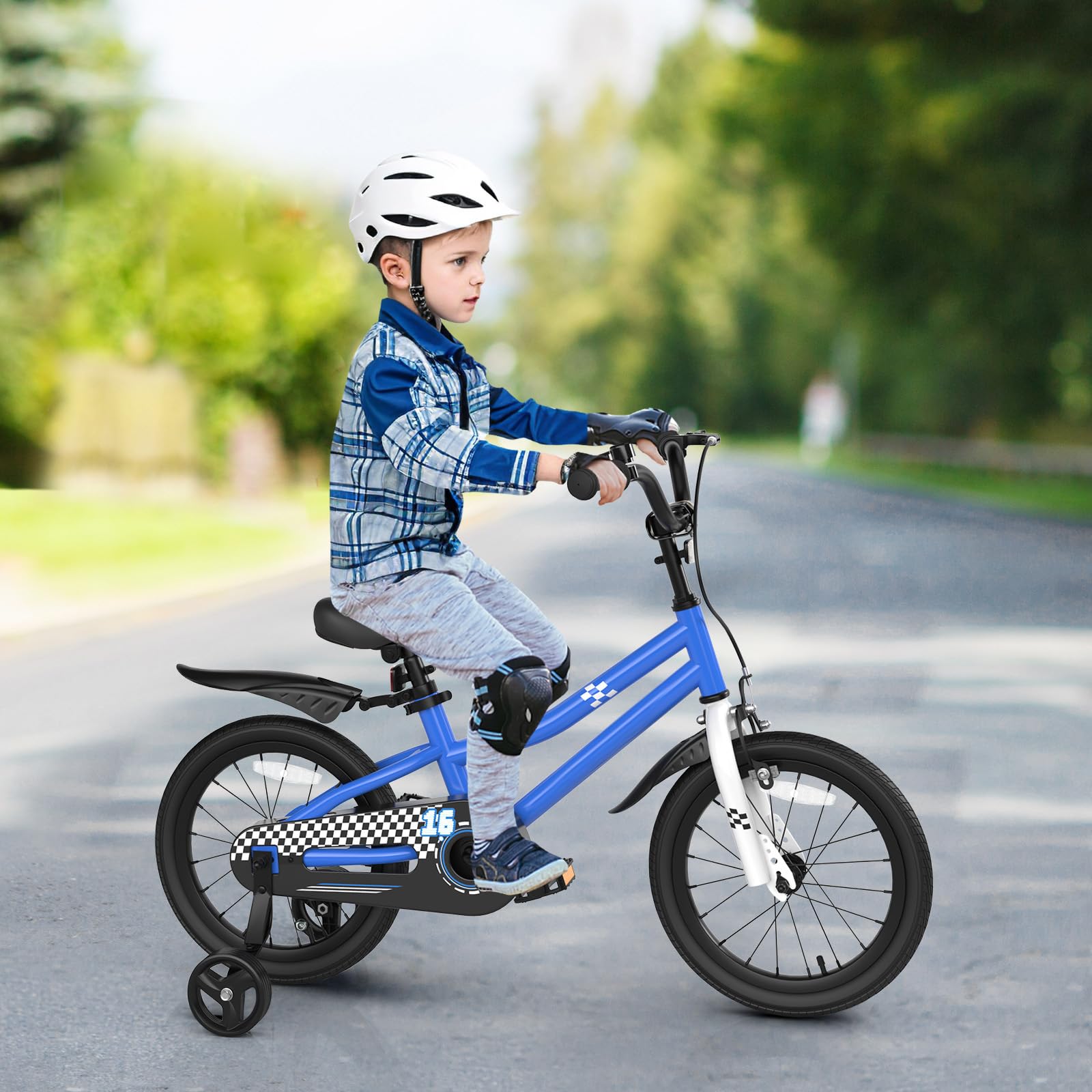 COSTWAY Kids Bike, 16 Inch Toddler Bike for Boys & Girls Aged 3-8 Years Old, Kids Bicycle w/Removable Training Wheels, Handbrake & Coaster Brake, Basket, Bell (Blue, Checkerboard Pattern)