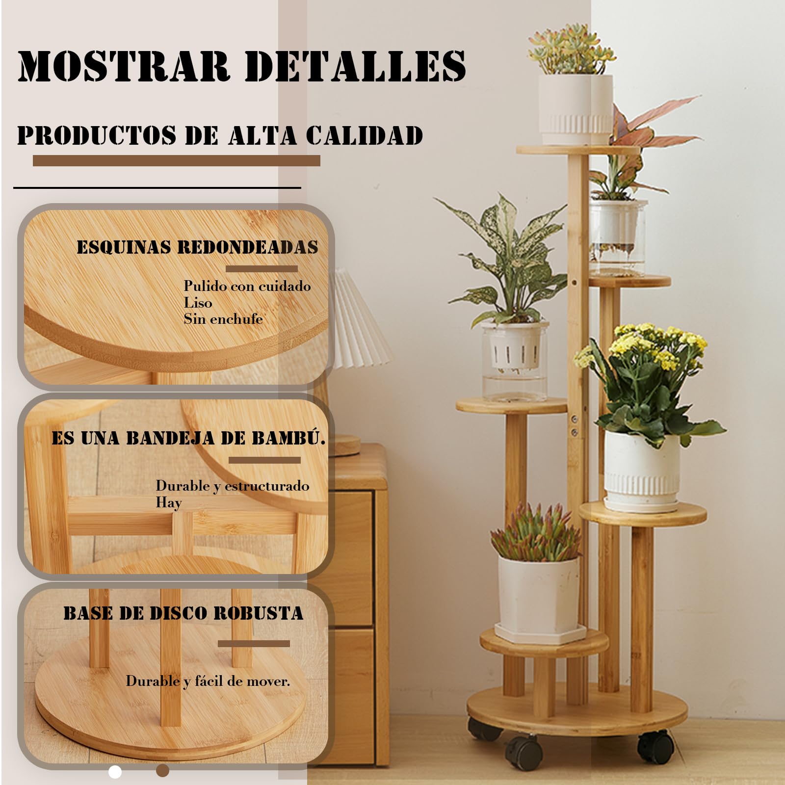Soporte para flores de bambú con ruedas, 5 niveles, 90 cm, estantería esquinera de madera para plantas, para balcón y exterior, chasis de 33 cm de diámetro