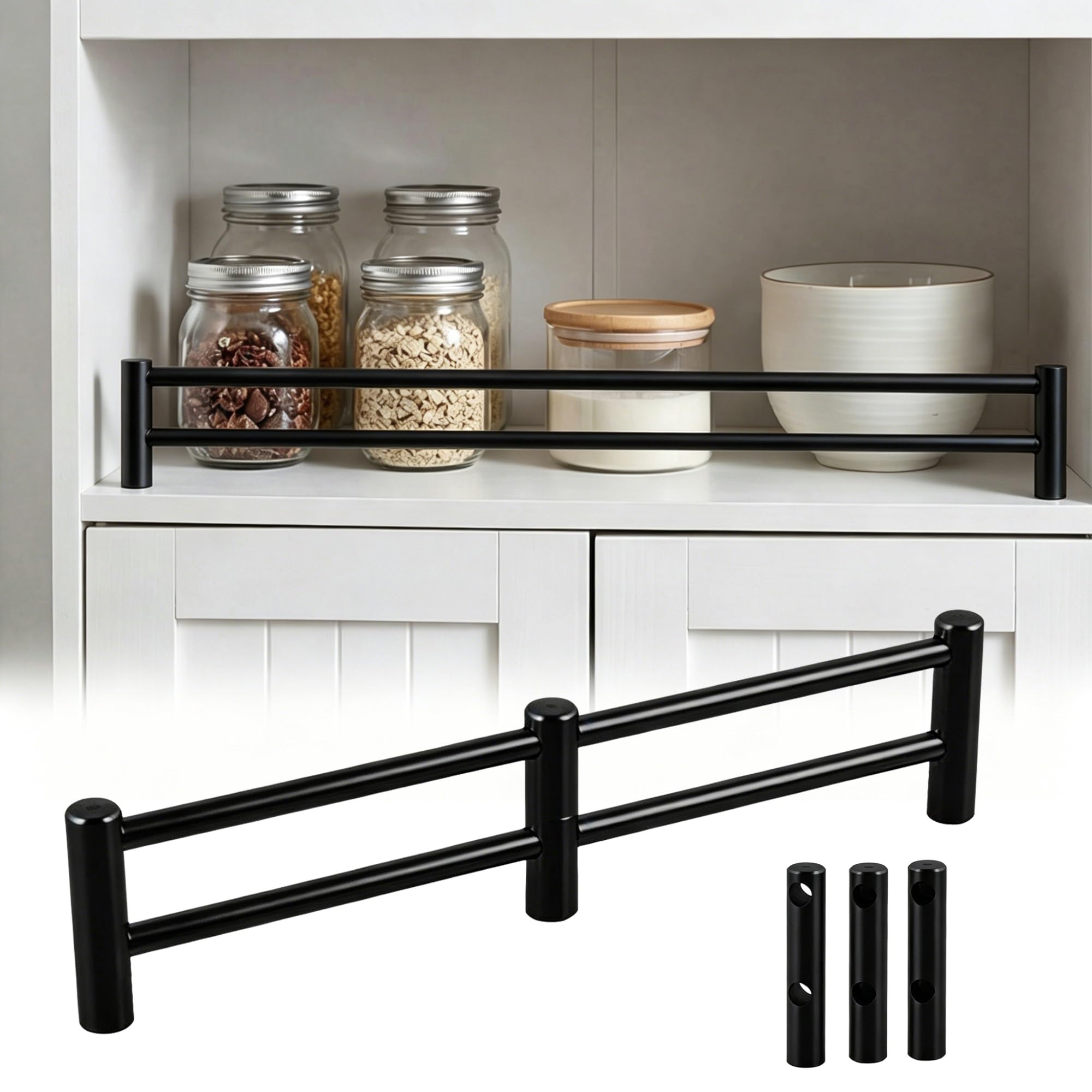 Zaqycm Black Anti Fall Metal Office Shelf Rail Fence With 3 Spindles, Stainless Steel Shelf Decorative Guardrail Set For Wood Shelves/Cabinet For Bottles, Books Or Spices(,Long 52In/132Cm)
