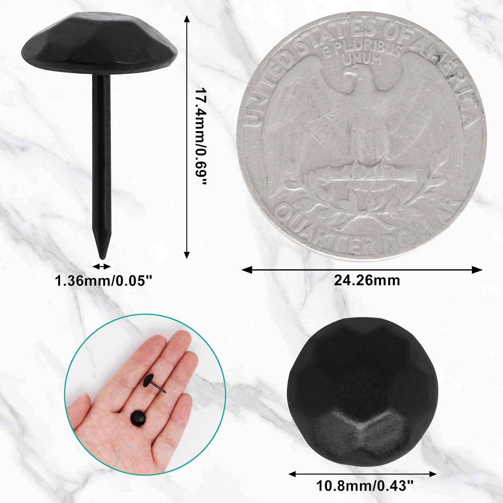 Vintage Upholstery Tacks - 100 Matte Black Decorative Nails -2 Vintage Upholstery Tacks - 100 Matte Black Decorative Nails -2