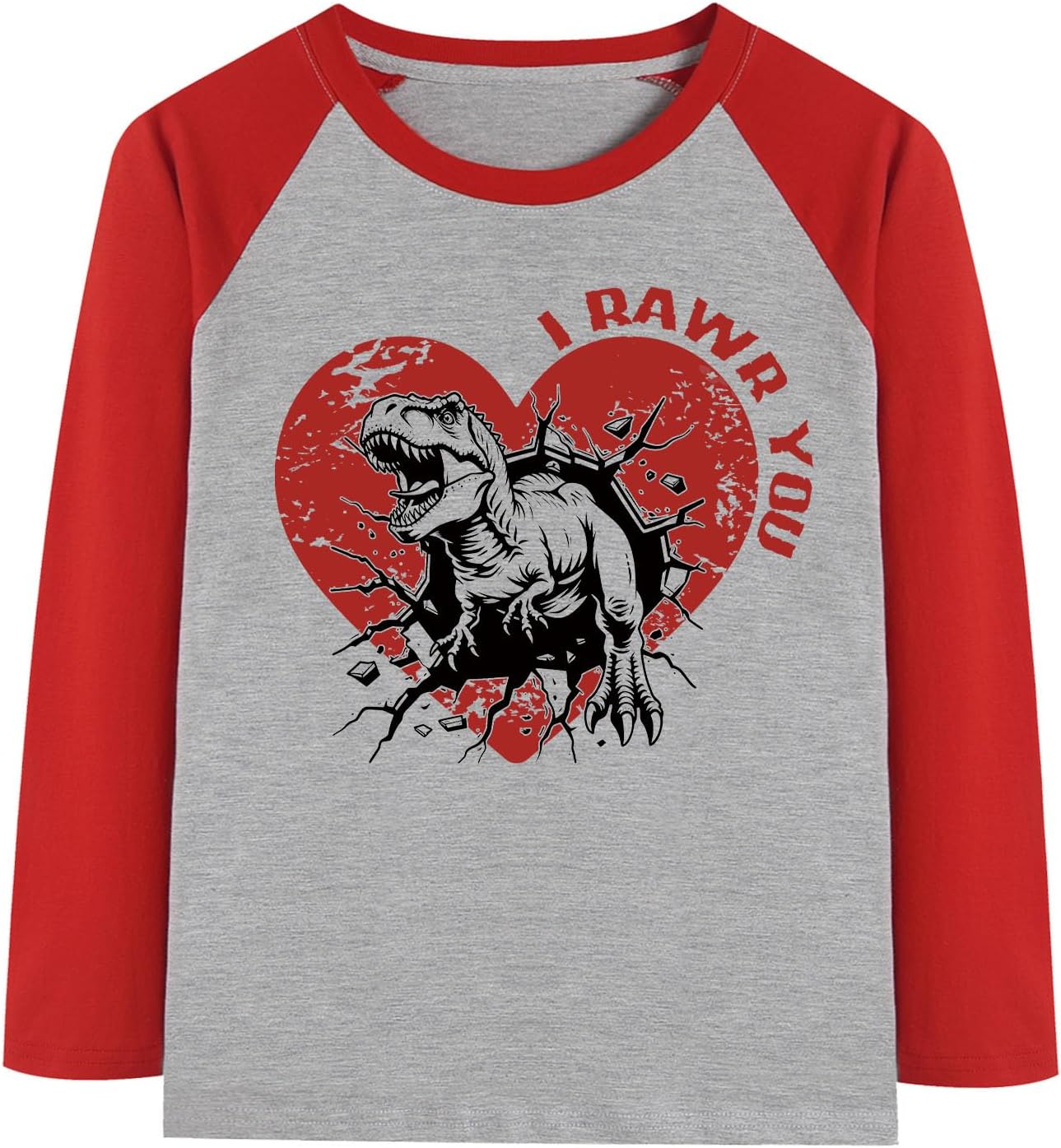 Kids Valentine Shirts Love Dinosaur Graphic Raglan Long Sleeve Tees Cotton Vday Tshirts 4-13T