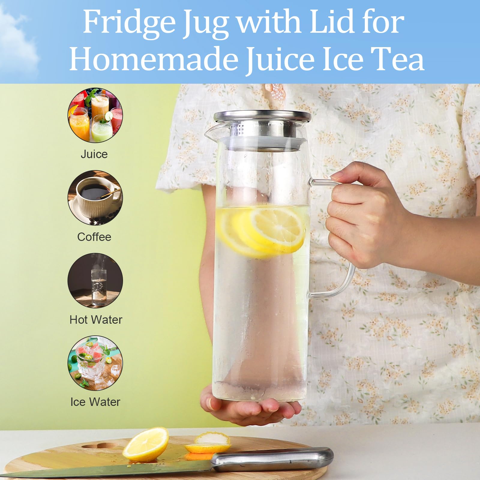 WEXFFU Fridge Door Water Jug, Fridge Jug with Lid, 1.5L/51oz Water Pitcher with Stainless Steel Lid for Hot/Cold Water - Image 4