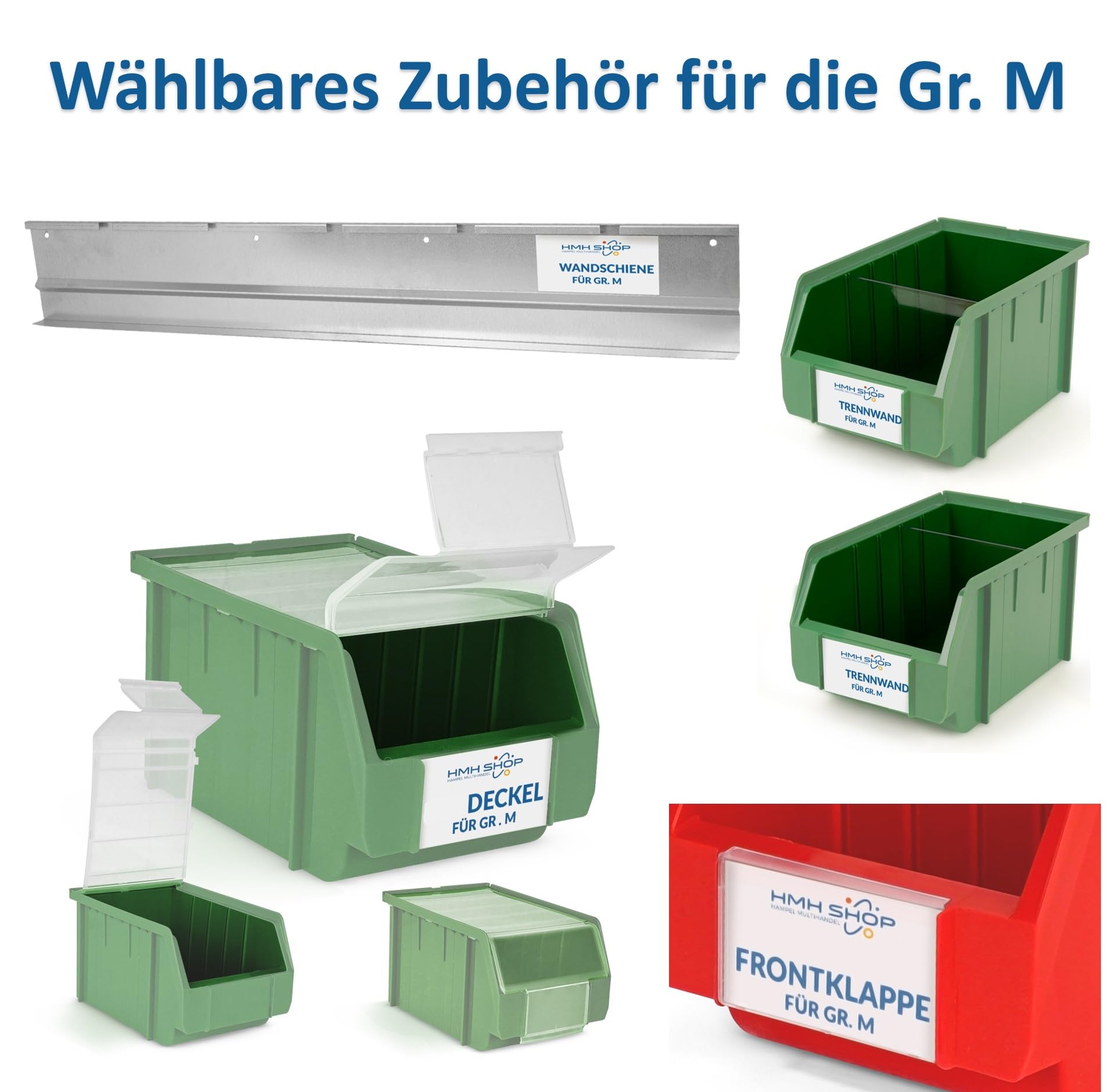 Stapelboxen der Größe M 230x150x130mm für dein Kleinteilelager Sichtlagerkästen in 5 Farben Zubehör wie Deckel Trennsteg Etikett Wandschiene Sortierkisten (6x Rot + Wandschiene, 5 Stück)