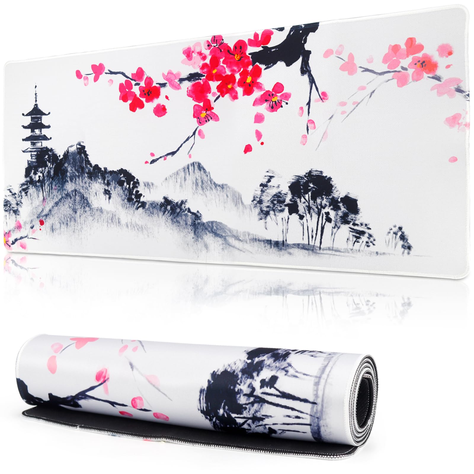 Gamingowa Podkładka Pod Mysz XXL, 900 x 400 mm, Duża Biała, Japonia Sakura, Z Motywem, Do Komputera, Biura, Na Biurko, Laptop (Styl 1)