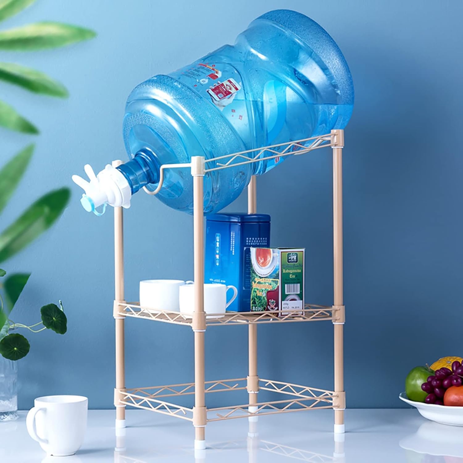 Bucket storage rack,Water Cooler Jug Rack 2 Tier Free-Standing Water Jug Holder Steel, 5 Gallon Save Space Water Cooler Jug Rack for Living Room Tabletop Pantry Kitchen, Easy to Install (Col(Rose Gold