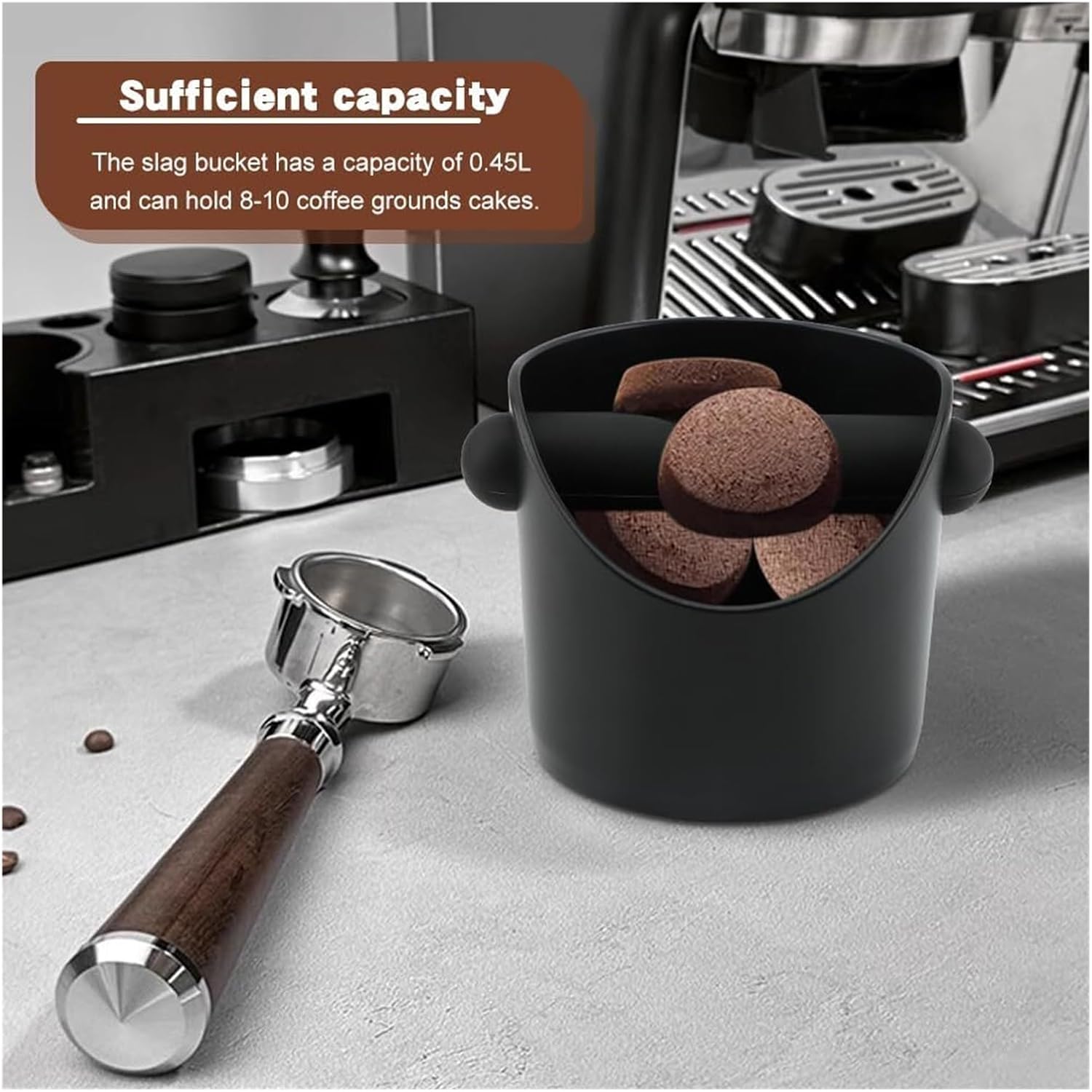 Knock Box Coffee Grounds Container Anti Slip Dump Bin Grind，Compatible For Delonghi，Compatible For Breville Bar Cafe(Black 450ml)