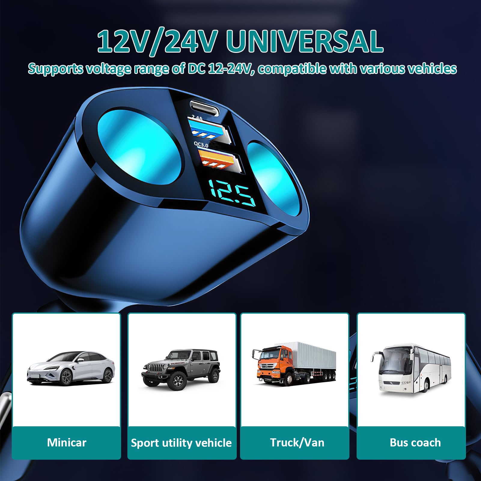 4-Porte Accendisigari USB C, 50W QC3.0 & PD Caricatore Auto Presa USB Auto Veloce Carica Batteria per Auto Cellulare Accendisigari con Voltmetro LED per Phone, Android, Galaxy, Tablet, ecc