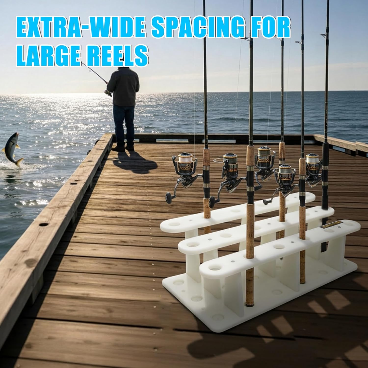 Heavy-Duty HDPE Fishing Rod Holder Rack for 18 Rods – Deck & Dock Mount Rod Storage with Stainless Steel Hardware, Wide Spacing Design for Large Reels, UV & Corrosion Resistant
