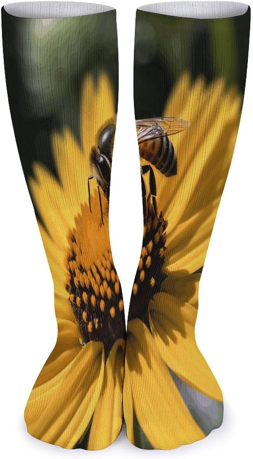 Yellow Flower with Black Bee Crew Socks Cozy Casual Calf Socks Lightweight Long Work Sock Breathable Athletic Sock for Hiking Sports Running 5 Pairs