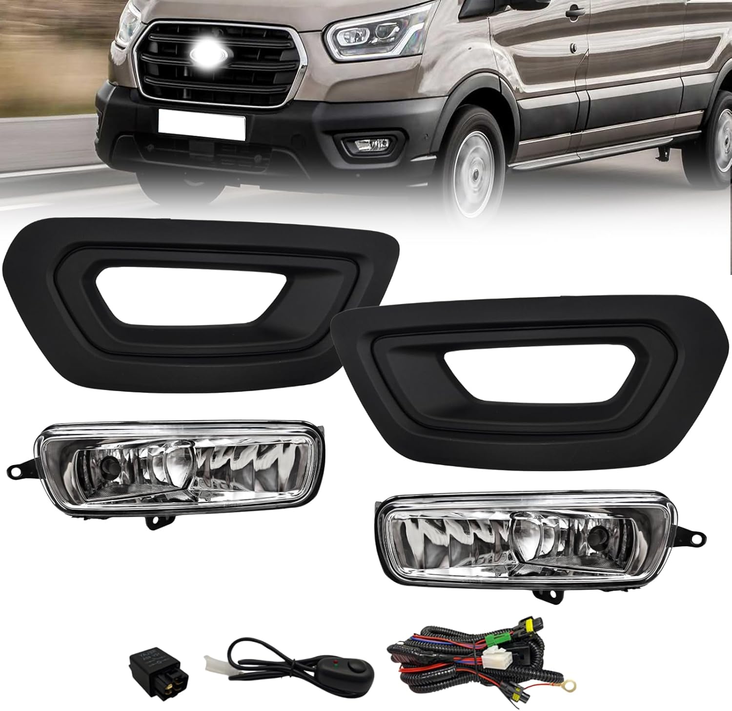 Fog Lights Compatible with 2020-2023 2024 Ford Transit Bumper Driving Fog Lamps Covers W/Wiring Left & Right Side Clear Lens