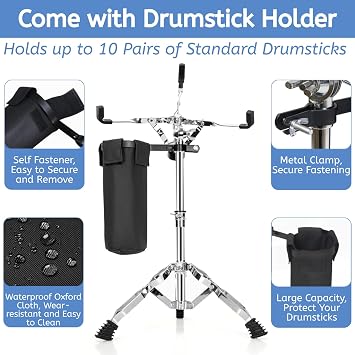 Snare Drum Stand with Drum Sticks Holder, Double Braced Tripod Snare Stand Fit for 10 to 14 Inch Snare Drum, Drum Pad, Adjustable Height 14.5 to 23 Inches for Drum Beginners, Lightweight