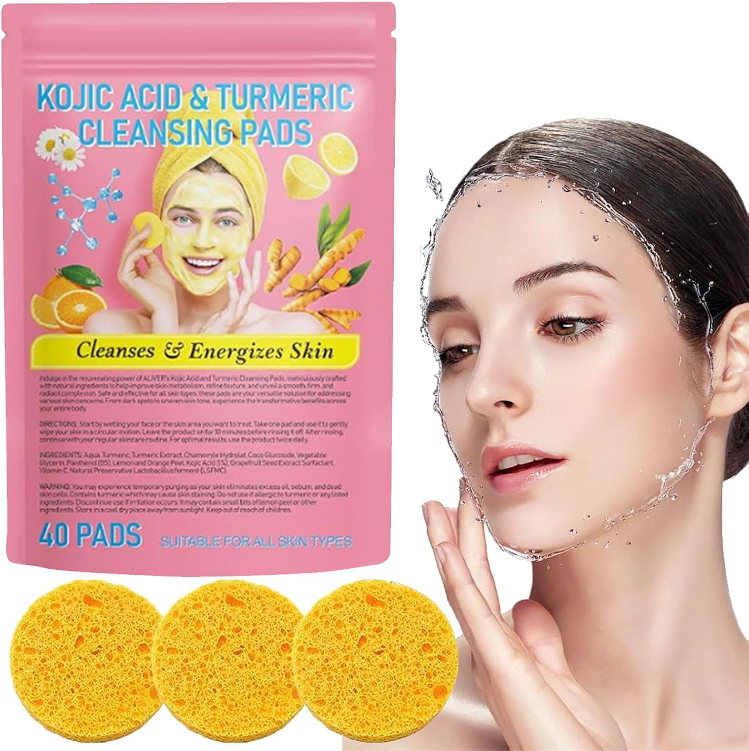 40PCS Turmeric Kojic Cleansing Pads, Exfoliating,Unclog Pores, Turmeric Cleansing Pads for Dark