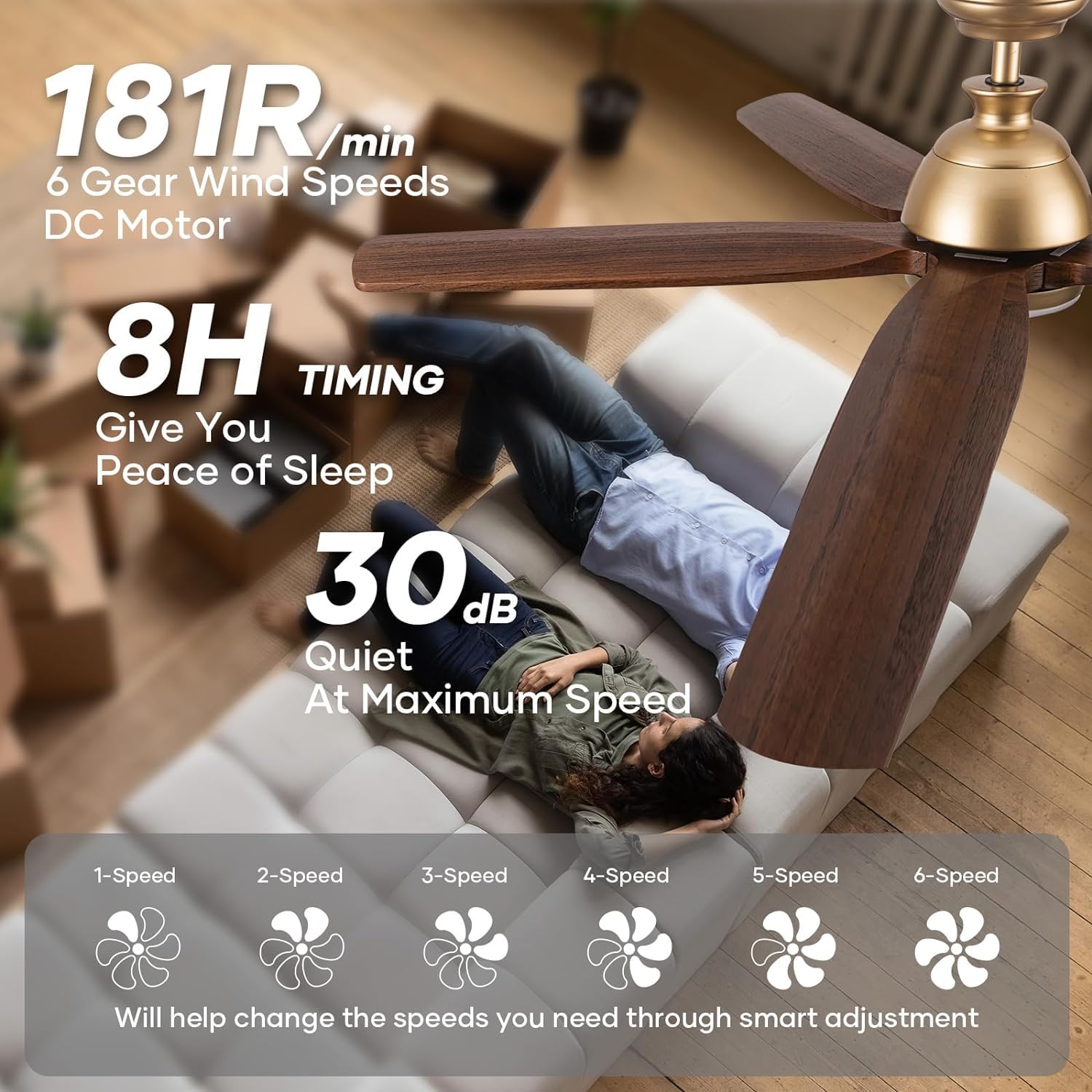 132cm-Deckenventilator mit Lichtern, Flügel aus massivem Holz, moderner goldener Deckenventilator, feuchtigkeitsgeschützter Deckenventilator für Terrassen, leiser DC-Motor, Gold + Walnuss