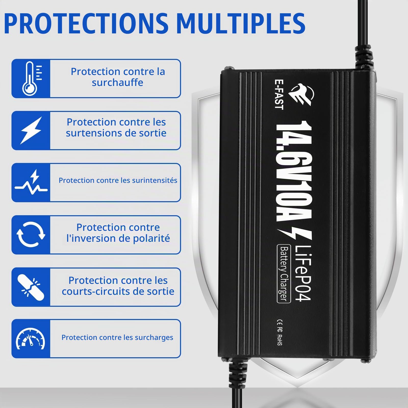 Chargeur de Batterie Automobile LiFePO4 14,6V 10A Chargeur Batterie 12V Protection Multiple Chargement Rapide pour Batterie au Lithium 12V