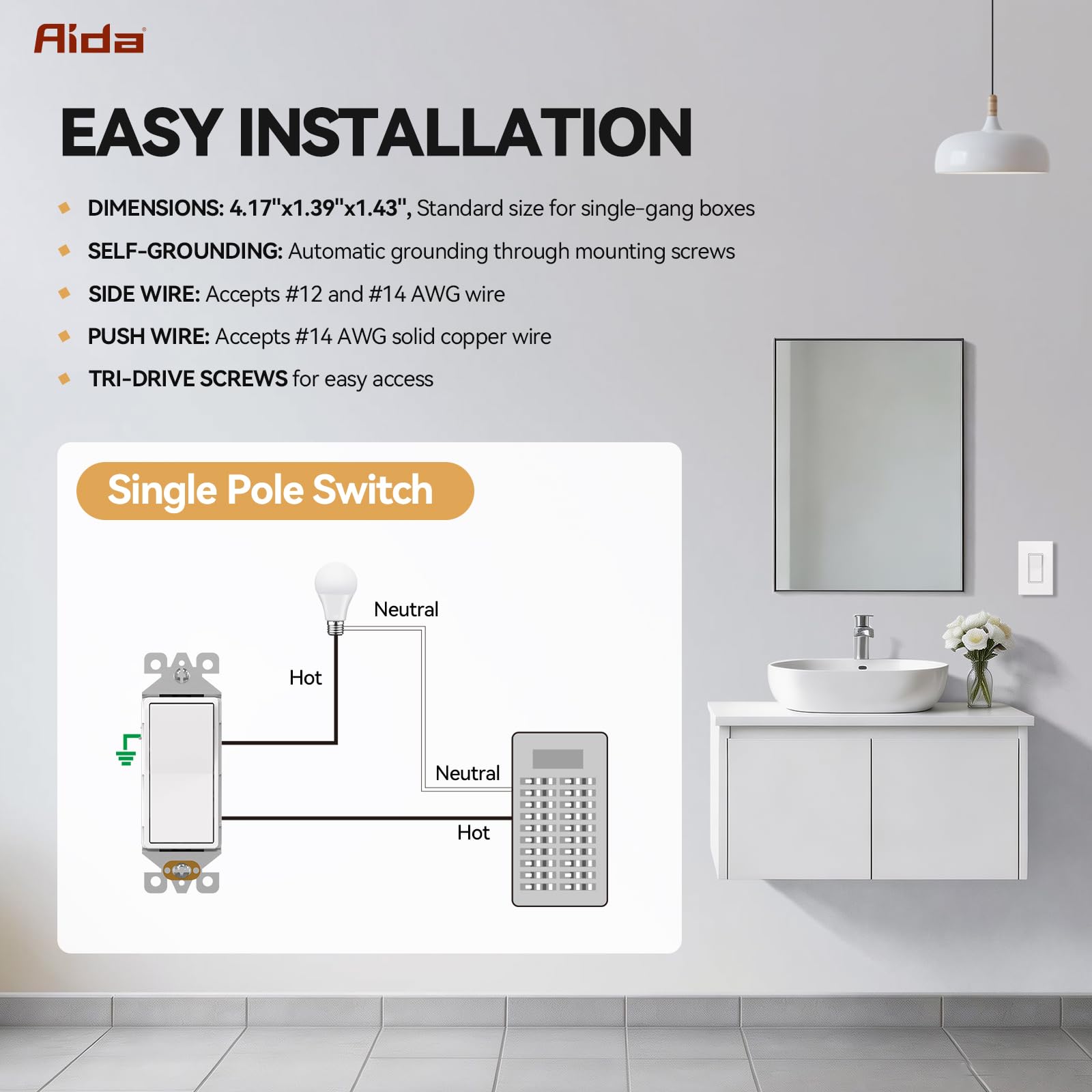 AIDA Interruptor de luz blanco mate de un solo polo con cubierta de placa de pared sin tornillos, 15 amperios, 120/277 V, repuesto de interruptor basculante de pala, interruptor de pared de encendido