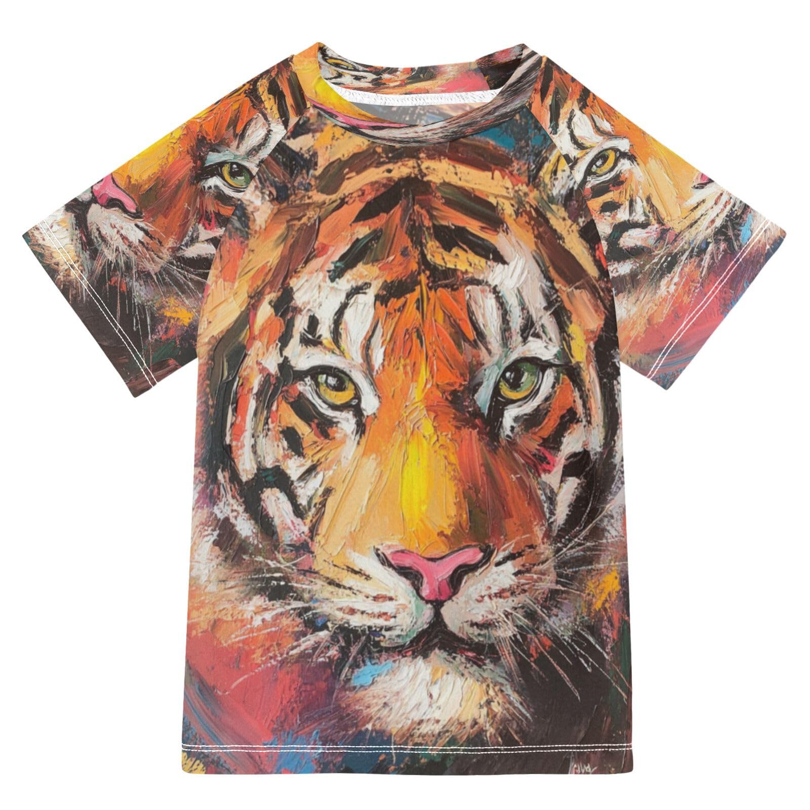 MNSRUU Toddler Boy Rash Guard Short Sleeve Swim Shirt Tiger Print Rashguard 3T Beach Shirts Quick Dry,019