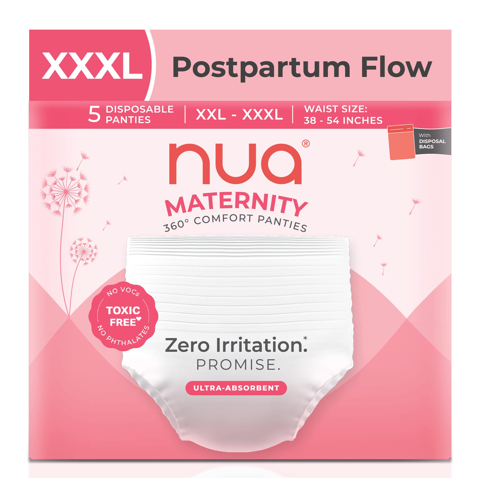 Nua 360° Comfort Maternity Panties XXL-XXXL (38-54 INCHES) | Pack of 5 | For Postpartum Bleeding and Clots | Absorbs Heavy Gushes | Zero Irritation | 4x Comfort | 360 Degree Protection | Soft | Breathable | 100% Toxic-Free, Dermatologically Tested