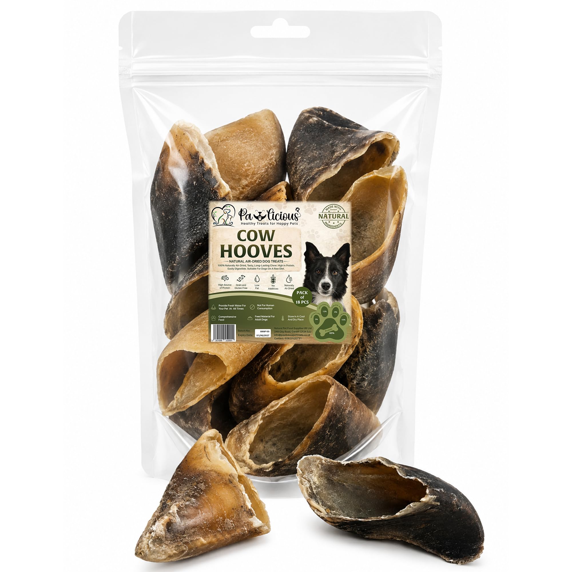 Pawlicious Beef Cow Hooves for Dogs Pack of 18, Single Ingredient Grass Fed, Long Lasting Chew for Aggressive Chewers, Natural Dental Chew, Grain Free Hypoallergenic Rawhide Alternative All Breeds