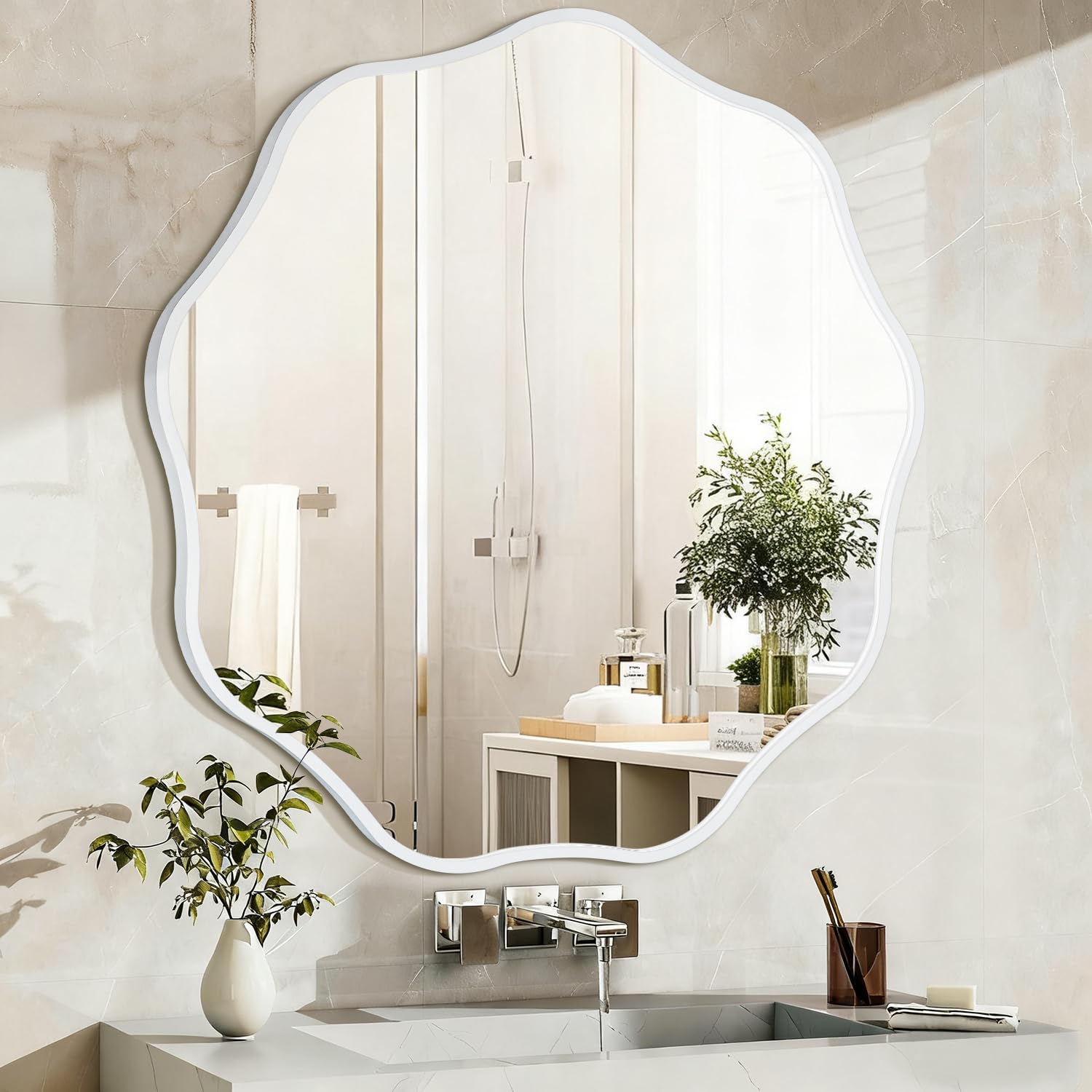 HLFMVWE Round Wavy Mirror, 60CM Metal Frame Circle Decorative Mirror, Round Wall Mounted for Bathroom Entryway Bathroom, Vanity Living Room White