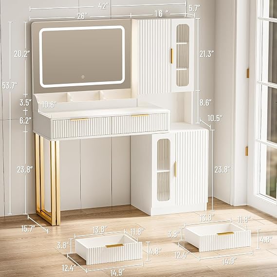 42 Modern Makeup Vanity Desk with Mirror and Lights, Makeup Vanity with 5 Shelves& 2 Drawers and Cabinet, Vanity Table with Power Outlet, 3 Color Adjustable Lighting Dressing Table Set for Bedroom