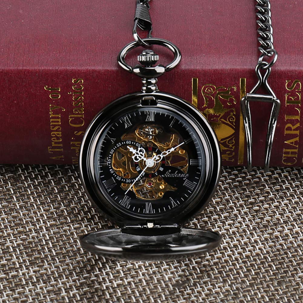 Mens Pocket Watch and Chain Engraved Dial Skeleton Mechanical Pocket